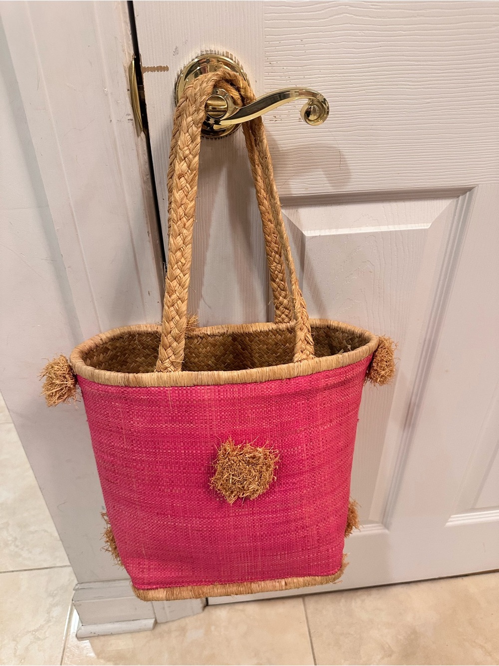 Pink Woven Straw Tote with Natural Trim